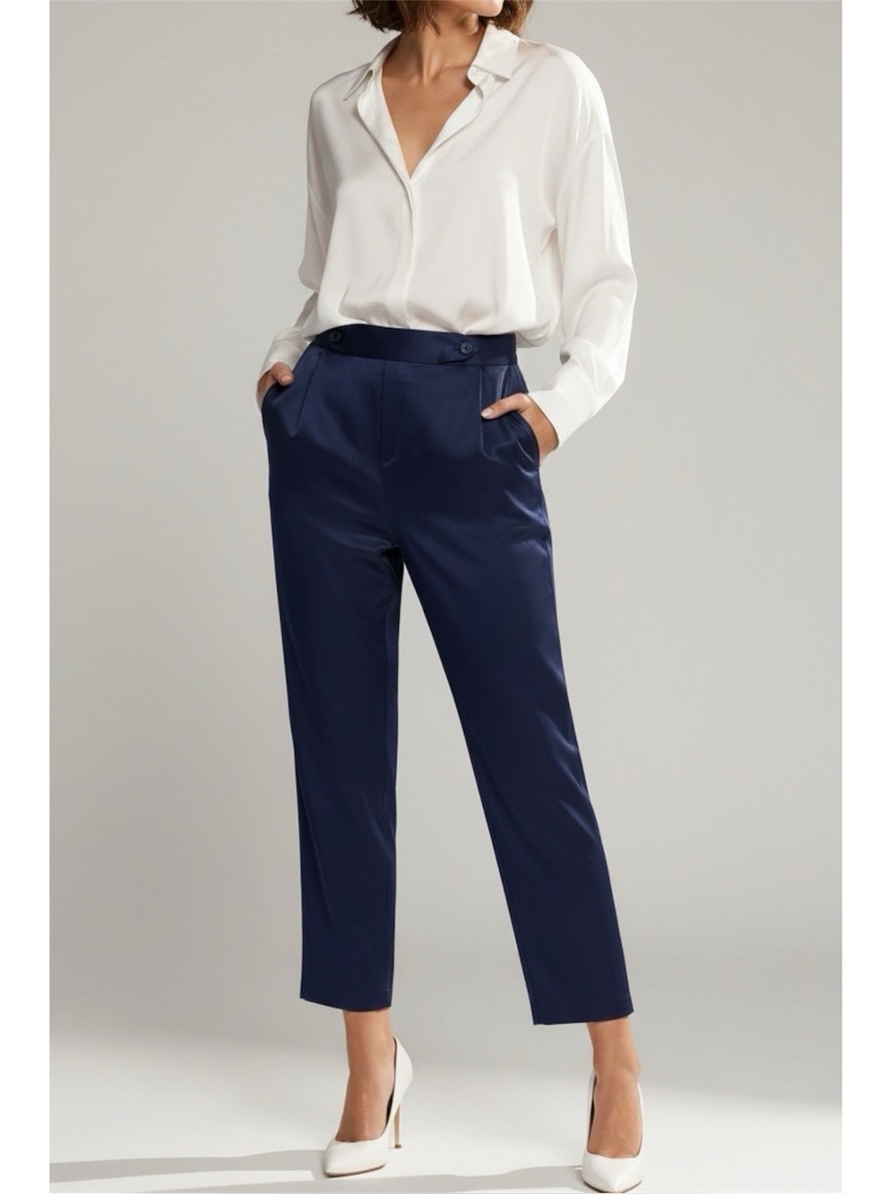 LILYSILK Comfort Fit Silk Cigarette Pants, Navy Blue, 2 (US)